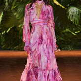 Etienne V Neck Lantern Sleeve Colorblock Floral Maxi Dress