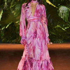 Etienne V Neck Lantern Sleeve Colorblock Floral Maxi Dress