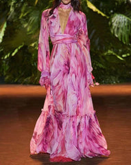 Etienne V Neck Lantern Sleeve Colorblock Floral Maxi Dress