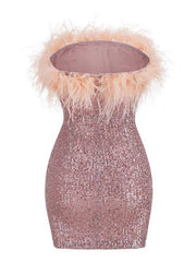 Felicita Sequin Feather Off Shoulder Mini Dress