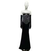 Galilea Velvet Slit Mermaid Dress with Tassel Silver Crystal Gloves