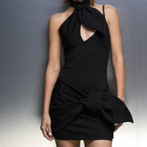 Hayley Halter Neck Strap Draped Bow Mini Dress
