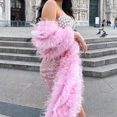 Mercina Strapless Crystal Sequins Corset Mini Dress with Feather Shawl