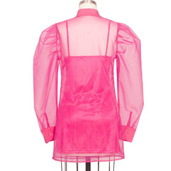 Meri Hot Pink Puff Shoulder Organza Shirt Mini Dress