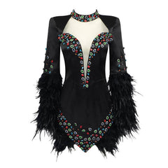 Nanette Rhinestone Long Sleeve Halter Neck Feathered Mini Dress