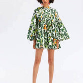 Rena Allover Leaves Print Ruffle Hem Mini Dress