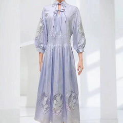 Nelda Stand Collar Spliced Lace Up Maxi Dress