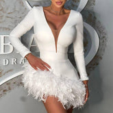 Dolly Long Sleeve Deep V Neck Asymmetrical Feather Hem Mini Dress