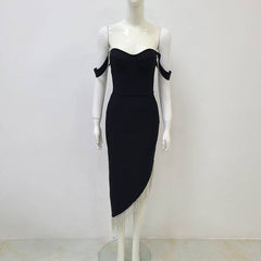 Braelyn Off Shoulder Sweetheart Neck Asymmetrical Diamond Tassel Midi Dress