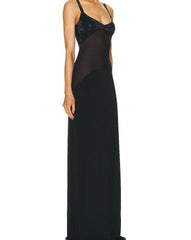 Mistie Black Crystal Embellishment Suspender Maxi Dress
