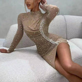 Odette Embellished Pearl Mock Neck Mini Dress