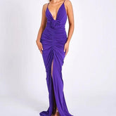 Pearl Spaghetti Strap Pleated Front Slit Maxi Dress