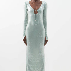 Phoebe Notched Neckline Sequins Maxi Dress