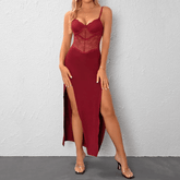 Stella Spaghetti Strap Plain Slit Panel Lace Maxi Dress