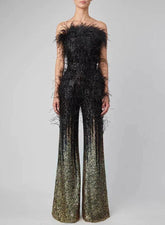 Kelsey Feather Trimmed Sequined Jumpsuit