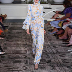 Nanci Printed Double Flounce Sleeve Belted Jumpsuit