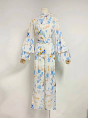 Nanci Printed Double Flounce Sleeve Belted Jumpsuit