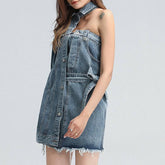 Viviana Halter-Neck Collared Denim Dress