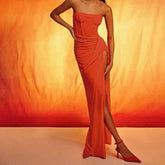 Beatrice Ruched Slit Bandeau Maxi Dress