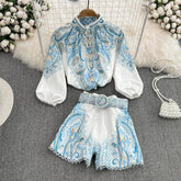 Irene Printed Blouse With High Waist Belt Short