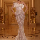 Esther Feathered Strapless Pearl Sequined Gown