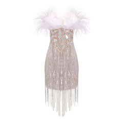Gweneth Feather Sleeveless Rhinestone Tassel Mini Dress