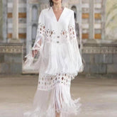 Mila White Fringe Tops & Skirt Set