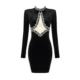 Molly Long Sleeves Hollow Out Rhinestone Stand Neck Mini Dress