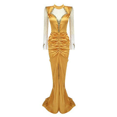 Nella Diamond Long Sleeve Gold Tight Pleated Maxi Dress