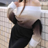 Vivienne Gradient Color Slash Neck Thick Knit Sweater