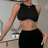 Lydia Sleeveless Rhinestone Fringed Hem Crop Tank Top