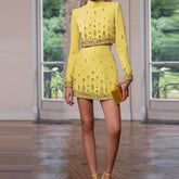 Darlina Long Sleeve Diamond Embellished Top & High Waist Mini Skirt