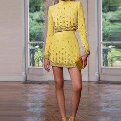 Darlina Long Sleeve Diamond Embellished Top & High Waist Mini Skirt