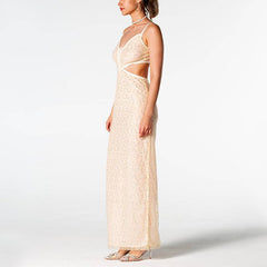 Arlette Beaded Backless Leather Detail Dress