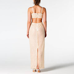 Arlette Beaded Backless Leather Detail Dress