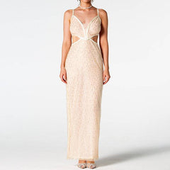 Arlette Beaded Backless Leather Detail Dress