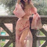 Raelynn Floral Off Shoulder Layered Sleeve & Slit Hem Skirt Set