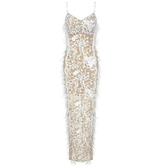 Alivia Pearl Studded Feather Mesh Sequined Maxi Dress
