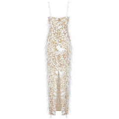 Alivia Pearl Studded Feather Mesh Sequined Maxi Dress