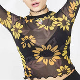 Jayda Allover Sunflower Print Sheer Crop Top