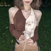 Kaelyn Halter Neck Drawstring Crop Top With Sleeves