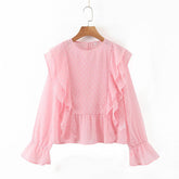 Claire Dobby Mesh Flounce Sleeves Ruffle Blouse