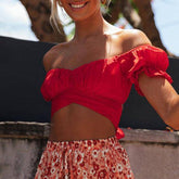 Saniyah Solid Off Shoulder Ruffle Sleeve Crop Top