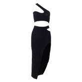 Ribbed solid one shoulder hollow out slit irregular midi dress