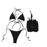 Solid mesh halter o ring self tie 3 piece swimwear