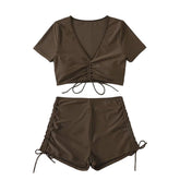 Solid short sleeve drawstring self tie crop top bikini swimwear