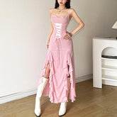 Ruffle ruched chiffon lace up slit cowl neck cami maxi dress