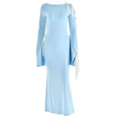 Self tie irregular contrast long sleeve slit maxi dress