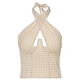 Sleeveless backless halter hollow out plaid cut out top