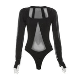 Square neck mesh patchwork long sleeve gloves bodysuit